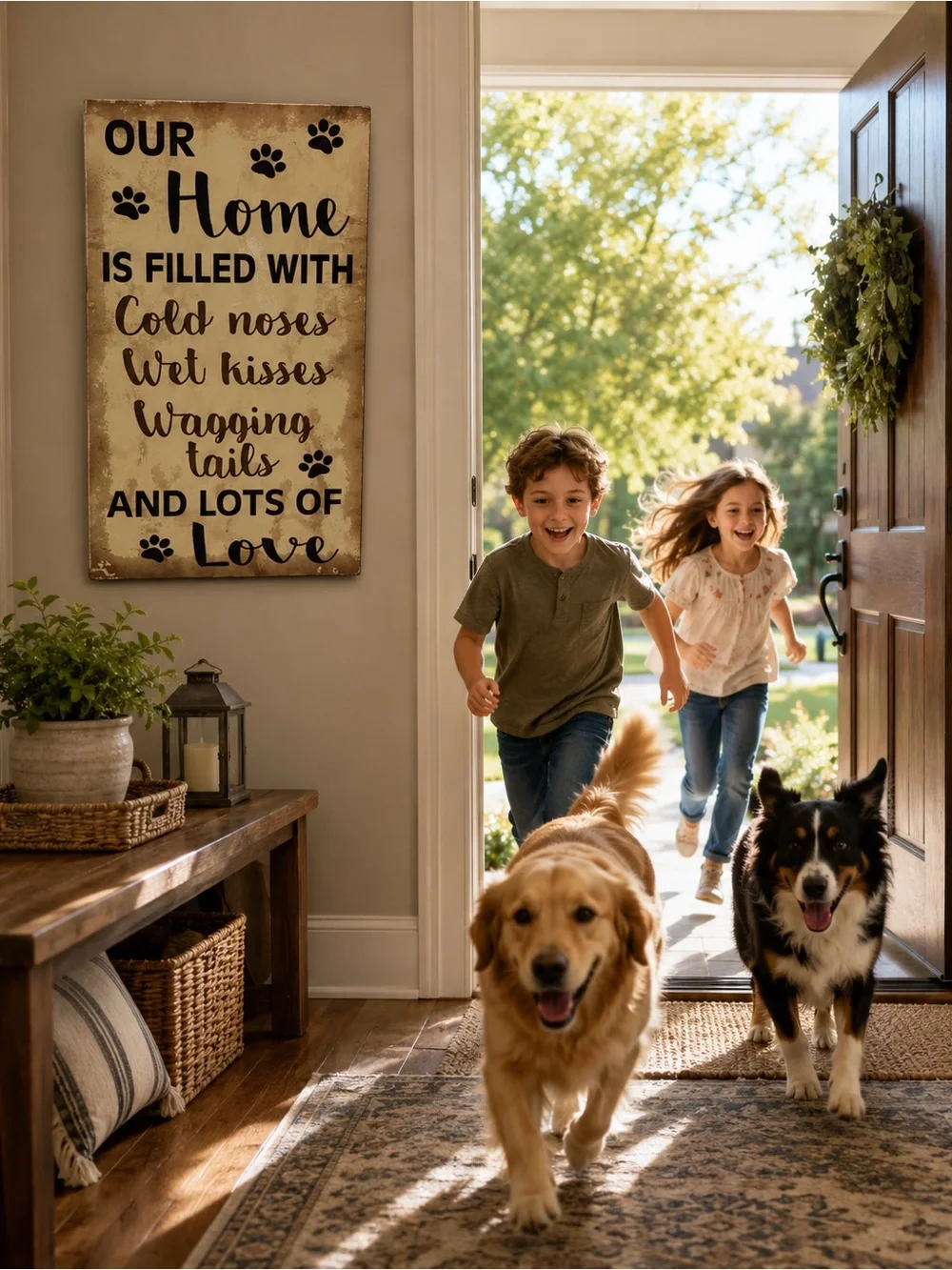 Rustic Paw Print Home Wall Sign in Beige and Black 8” x 15”